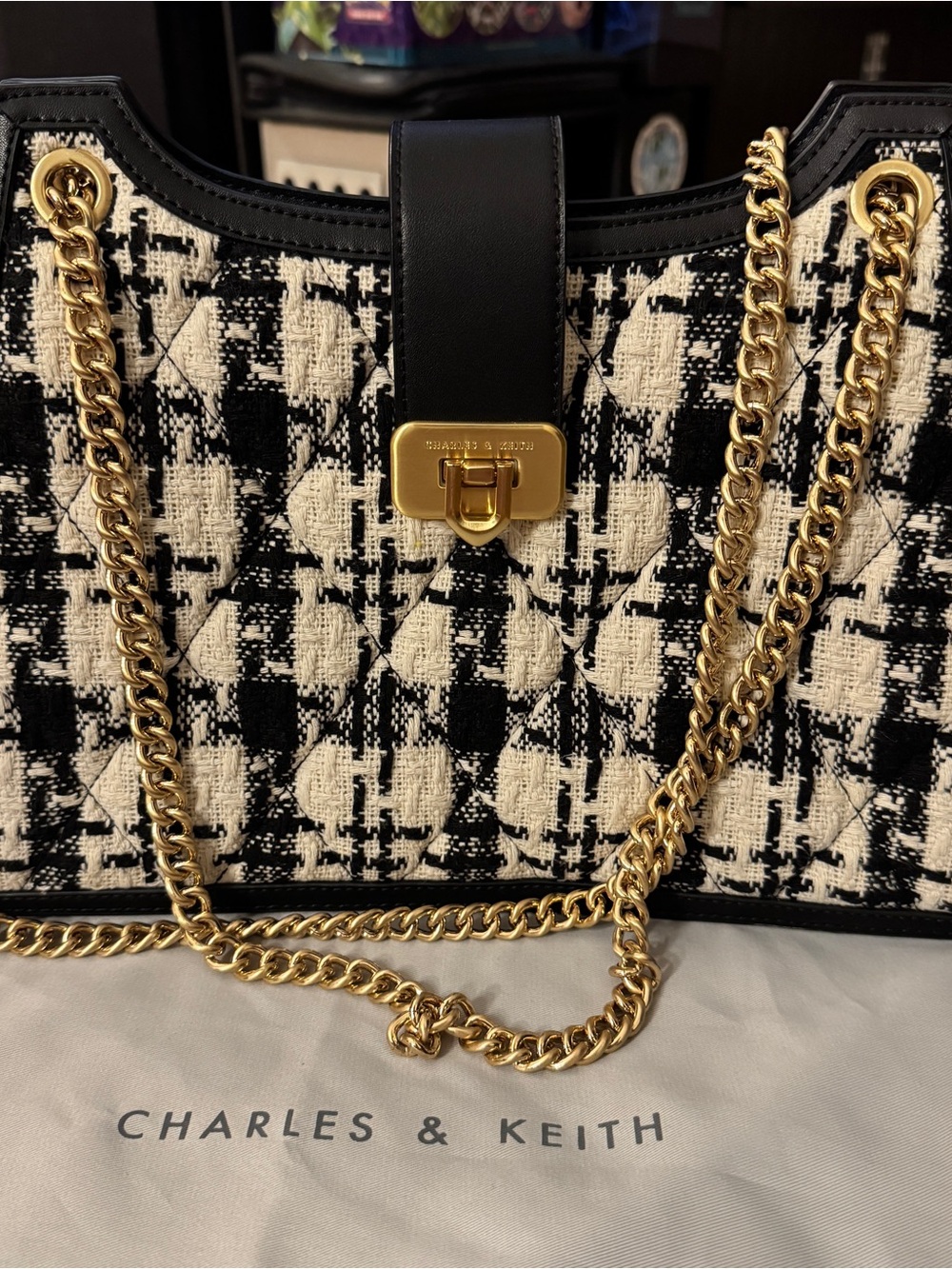 Charles & Keith Black and Cream Tweed Chain Shoulder Bag with Gold Hardware